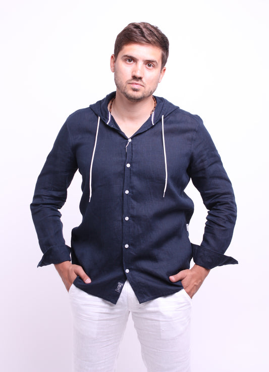 Dark blue natural linen shirt with hood