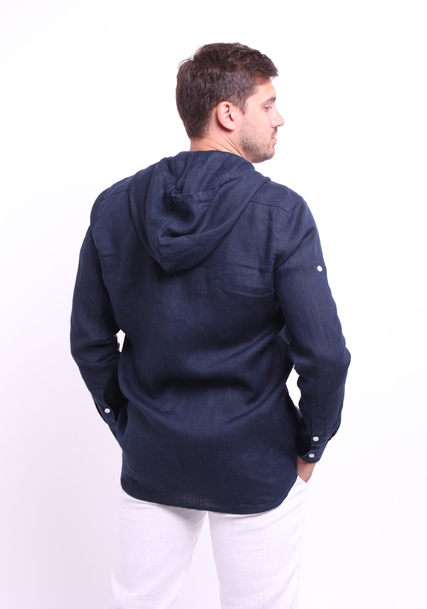 Dark blue natural linen shirt with hood