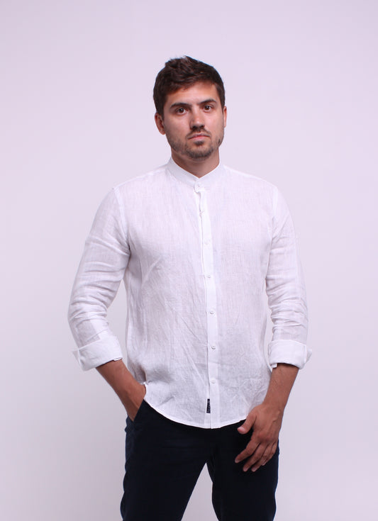 White shirt made of natural linen with a stand-up collar and long sleeves