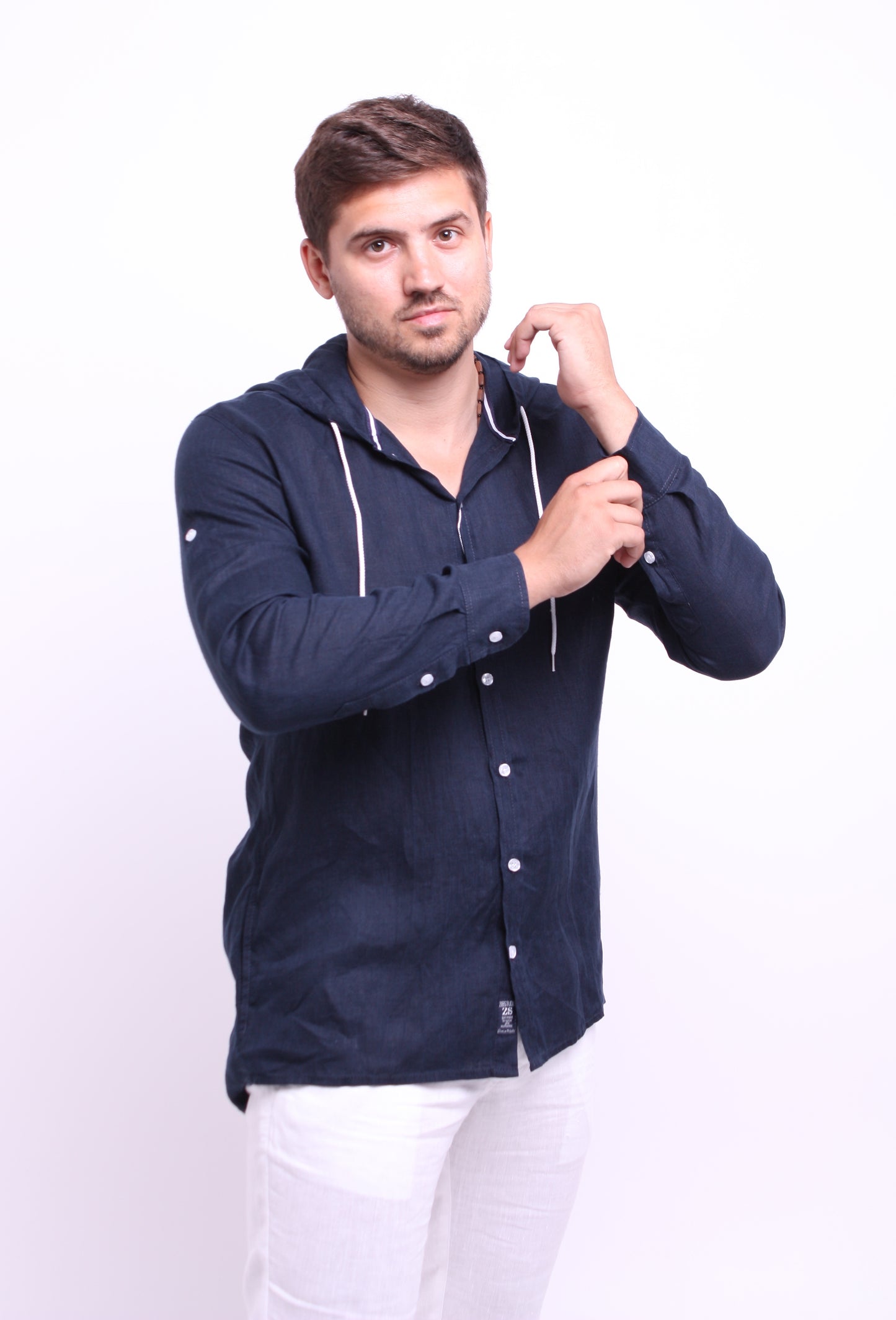 Dark blue natural linen shirt with hood