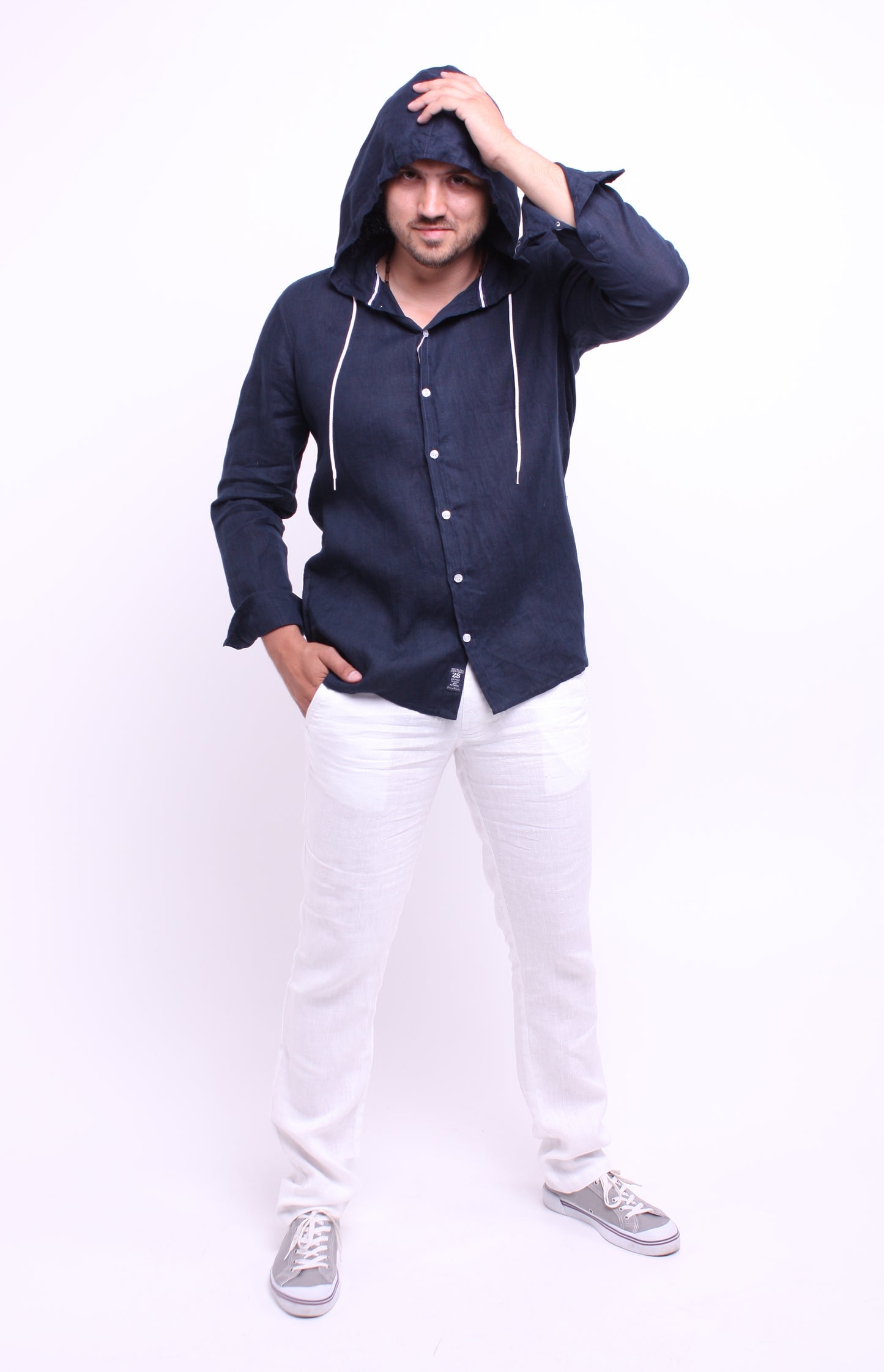 Dark blue natural linen shirt with hood