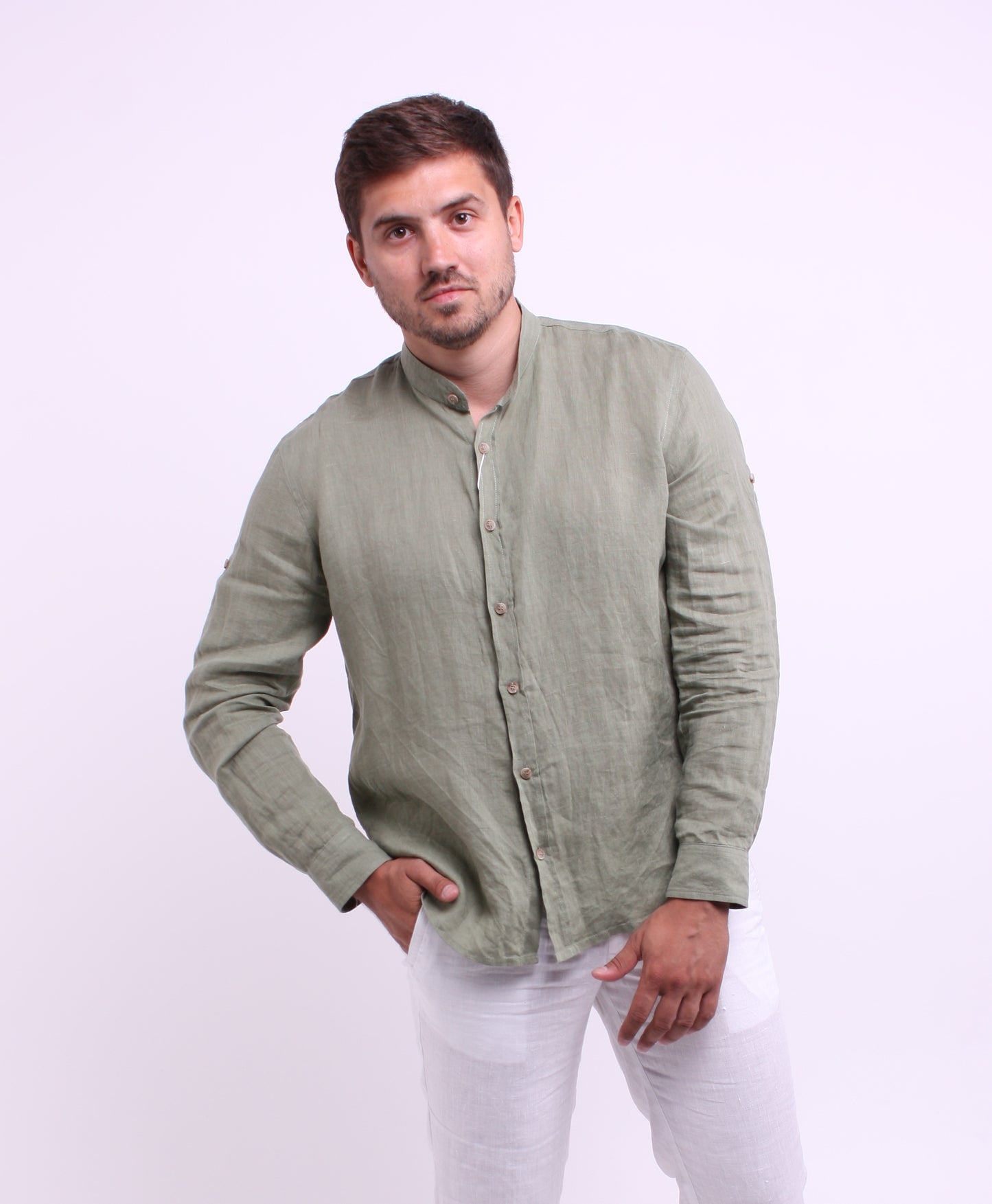 Olive color shirt made of natural linen with a stand-up collar and long sleeves