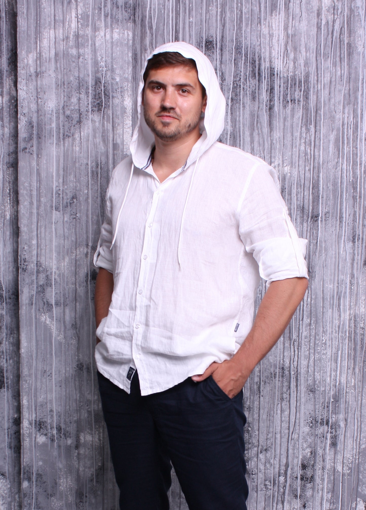 White natural linen shirt with hood