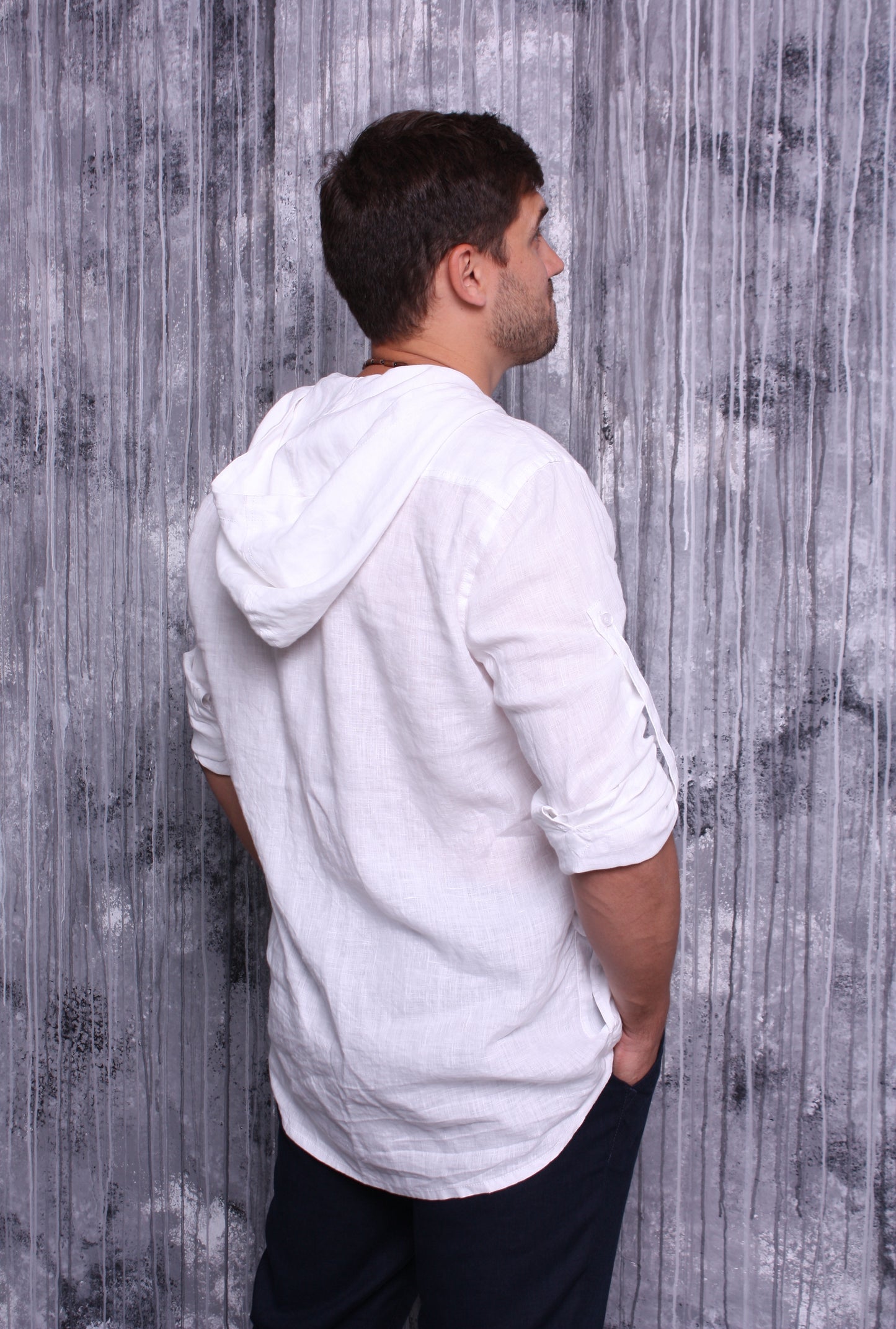 White natural linen shirt with hood