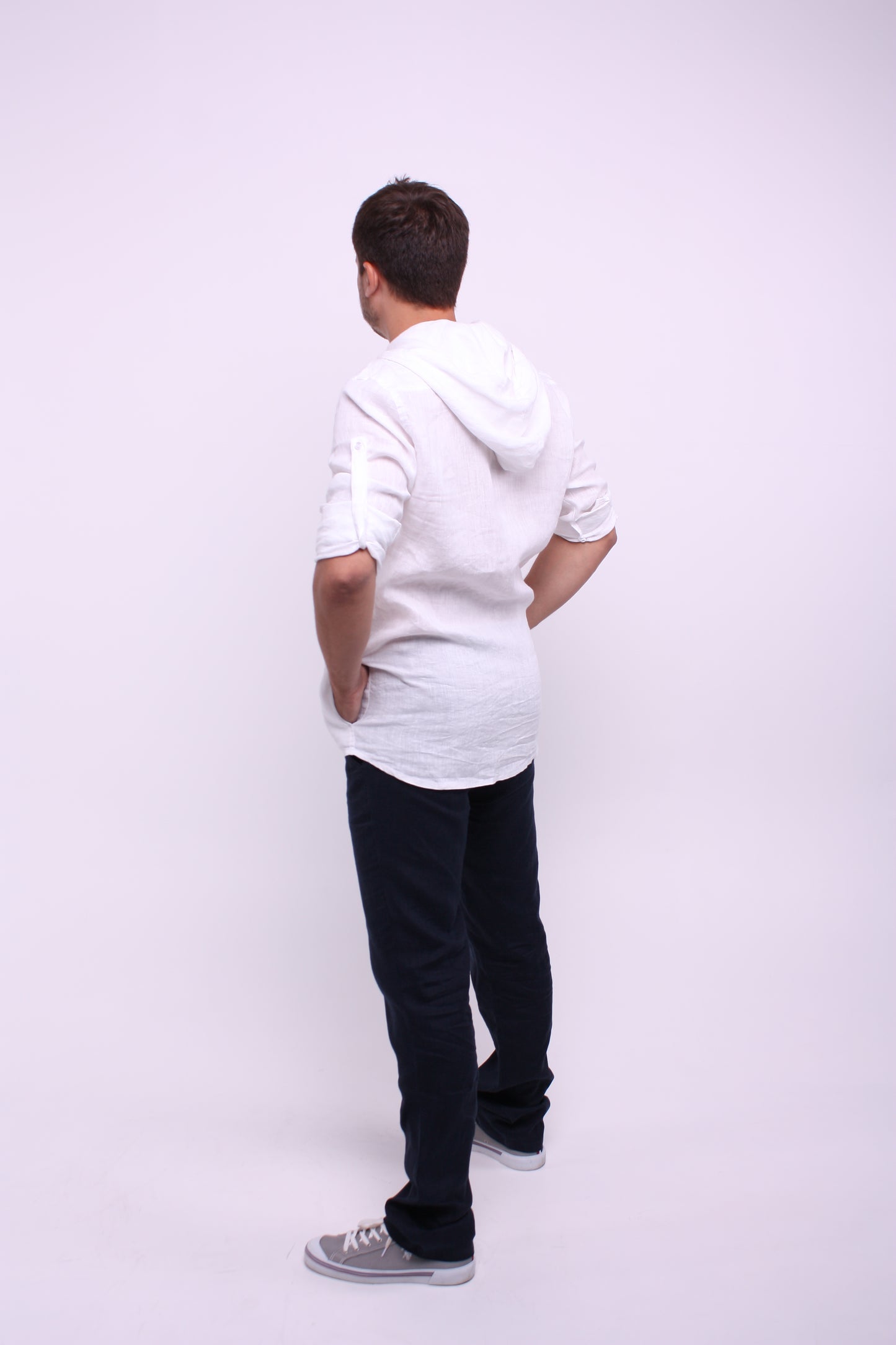 White natural linen shirt with hood