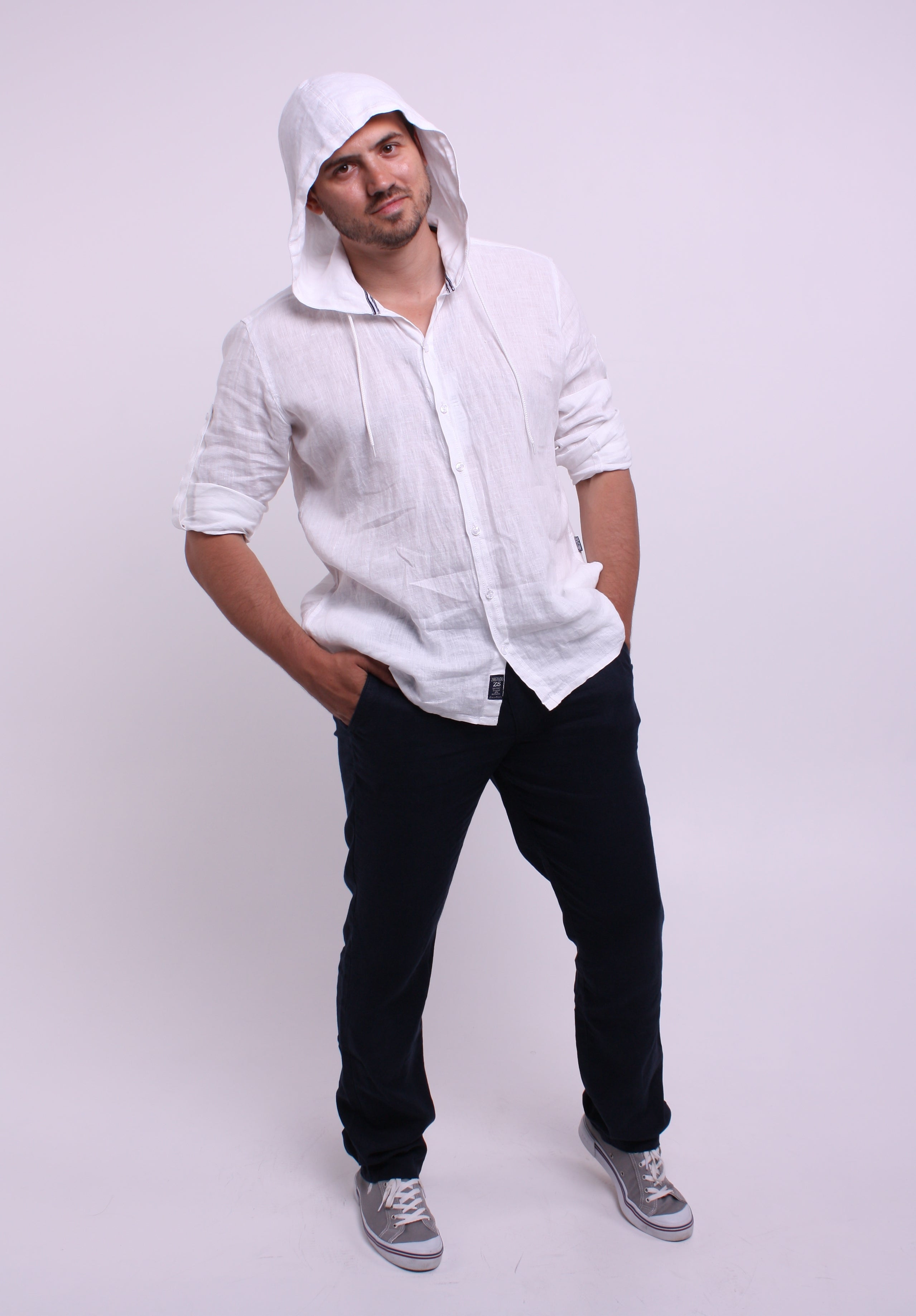 White natural linen shirt with hood – ZIBSTUDIO