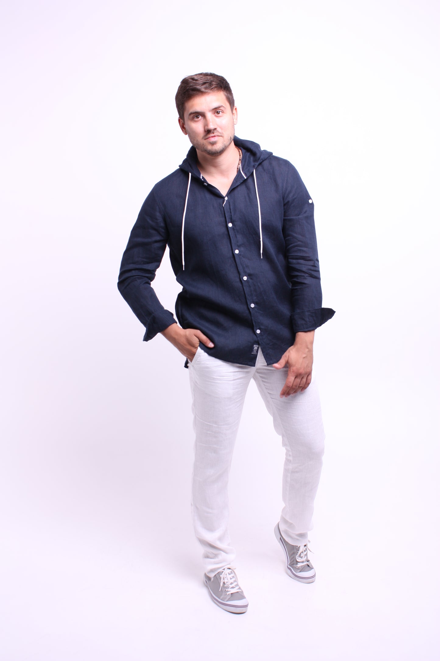 Dark blue natural linen shirt with hood